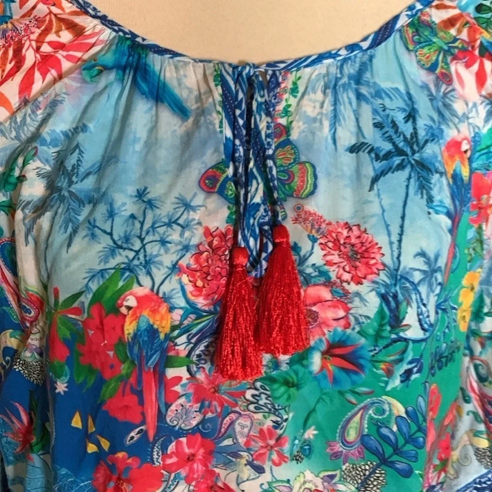 Lulalife colorful rayon blouse with tassel ties Size Small